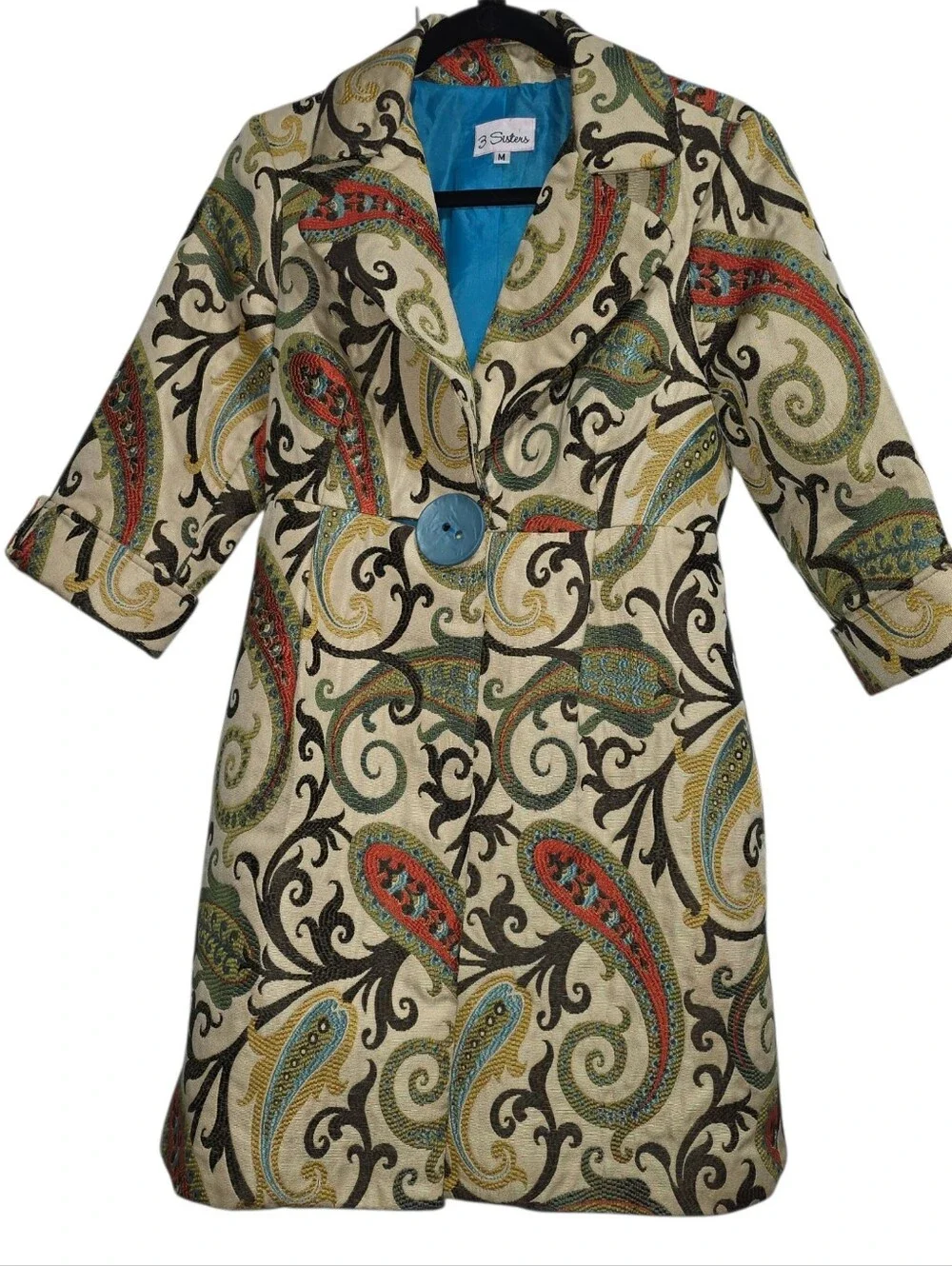 3 Sisters Paisley Tapestry Coat Jacket Medium Blue Button Lined Boho Chic